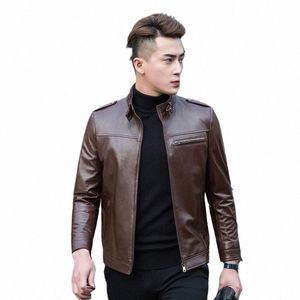 męski luksus Slim Fit oryginalny skórzany stojak na kołnierz jesienna wiatroodporna motocyklowa płaszcz motorowy Man 100% owczarek awiati kurtka Q4eb#