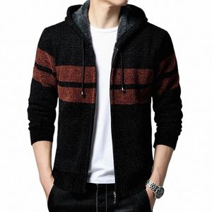 men's Jacket Autumn Winter New Fleece Thick Knit Cardigan Warm Zip Up Coat Korean Hoodies Loose Casual Hooded Striped Sweater e1nG#