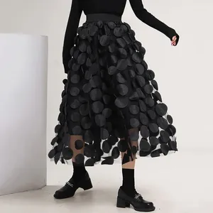 Saias Sheer Malha Saia com Apliques Pontilhados Mulheres Flowy Tulle Gauze Midi A-Line Senhoras Alta Moda Na Moda Ano Party Wear