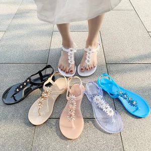 Flor de cristal sandálias femininas adulto ao ar livre casual sapatos de praia mulher tamanho grande fivela cinta plana férias senhoras calçados 240309