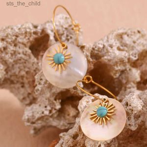 Dangle Chandelier Ethnic style artificial turquoise sunflower circular shell pendant earrings 18K gold-plated waterproof beach jewelry and accessoriesC24326