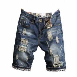 high street retro nostalgiska män jeans trendiga tiggare denim byxor ungdom trasiga hål denim shorts jeans mäns outwear u6kg#