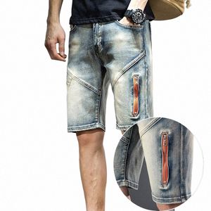 Summer Spliced ​​Retro Vintage Denim Shorts Jeans Men's Straight High Street Trendy Design Brand Daily Casual Pants K1Y6#