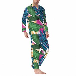 Kolorowe liście piżamą mężczyzn tropikalny druk palmowy kawaii pokój snu jesień dwuczęściowy vintage ponadgabarytowy zestaw piżamy l372#