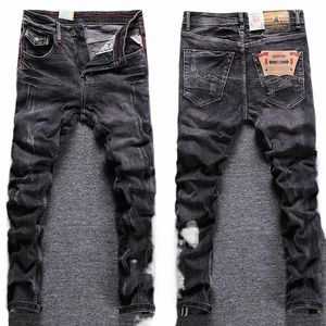 Streetwear Fi Men Jeans Retro Black Grey Elastic Slim Ripped Jeans Men byxor Vintage Casual Stretch Denim Pants Hombre O5L7#