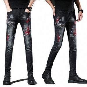 persalized youth embroidery ripped jeans men beggar feet pants casual stretch black feet pants men fi casual jeans v1Is#