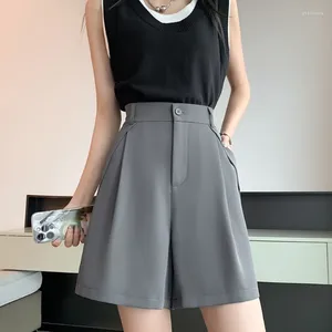 Women's Shorts Grey Suit Summer 2024 Fashion Elastic High Waist Wide Leg Pant Female Casual Pocket Knee Length Streetwear