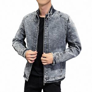 Retro American Denim Jacket Men Coats Slim Fiting Standing Collar Jackets för män Casual Zip Up Autumn Warm Jacket Men Clothing M7CX#