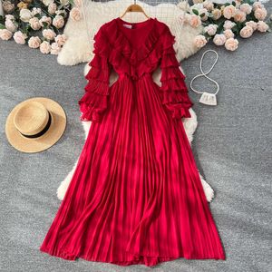 Autumn Style New Agarwood Ruffled V-Neck Cake Sleeve Waistband A-Line Pleated Long Dress 143904