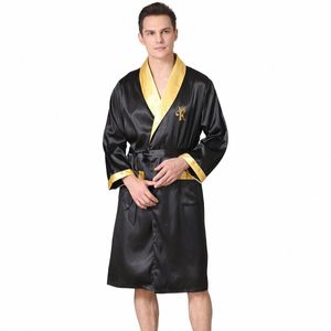 men Kimo Bathrobe Gown Loose Nightwear Loungewear Silk Stain Home Clothes Male Casual Sleepwear Night-Robe with Belt Y9JG#