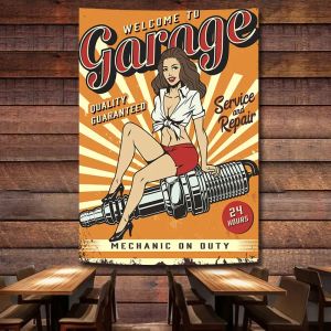 Accessories WELCOME TO GARAGE Vintage Car Repair Service Poster Tapestry Pin Up Girl Flag Wall Painting Auto Repair Shop Wall Decor Banner