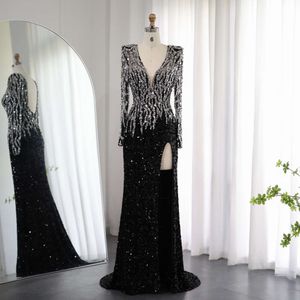Sequined Black Evening Dubai Said Sharon Dresses 2024 Arabic Women V-Neck Long Sleeve Side Slit Wedding Party Gowns Ss250