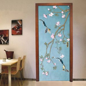 Aufkleber Chinesischen Stil Blume Vogel Wandbild Wasserdicht Selbstklebende Tür Aufkleber Vinyl Wand Papier Für Wohnzimmer Schlafzimmer Tür Dekoration