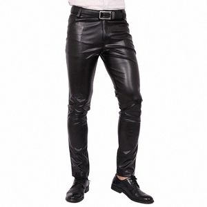 2023 Men's Slim Fit Skinny Pants Tight Stretch Leather Pants Teen Trend Motorcycle PU Leather Pants 56HO#