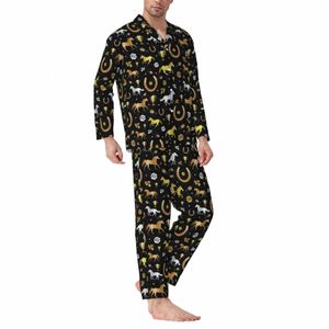 Pferderennen Derby Tag Nachtwäsche Herbst Schwarz Gold Kunst Lässig Lose Übergroße Pyjama Sets Männer Lg Sleeve Nette Hause Hause Anzug q484 #