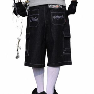 hip Hop Summer Embroidery Floral Baggy Over Knee Jeans Shorts Men's Vintage Wide Leg Pockets Oversized Denim Five Point Pants G8Ta#