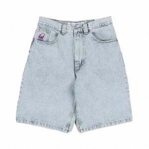 Millennial Streetwear Light Blue Denim Men's Y2K Haruku Hip Hop Carto Pattern Embroidery Loose Straight Shorts Gothic K604#