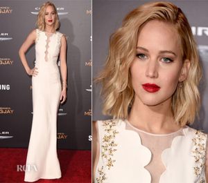 Mürettebat Boyun Fildişi Beyaz Deniz Kızı Jennifer Lawrence Ünlü Elbiseler Özelleştirilmiş Boncuklu Boyun Kolsuz Zemin Uzunluğu Akşam Gow8161196