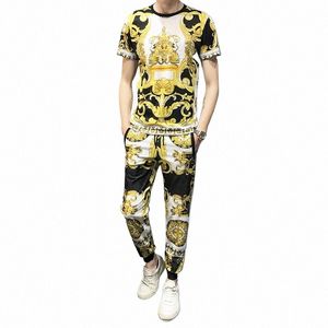 Marke Luxus Retro Druck Casual Anzüge Männer 2 stücke T-shirt Jogginghose Sommer männer Sportswear Nachtclub Party Sozialen Sets Männer kleidung a6nU #