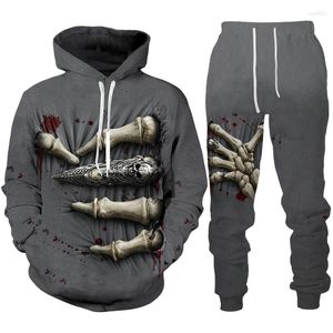 Tute da uomo Set di tute con stampa 3D scheletriche horror Set di pantaloni con cappuccio punk gotico Set di 2 pezzi Halloween Streetwear Pullover casual oversize
