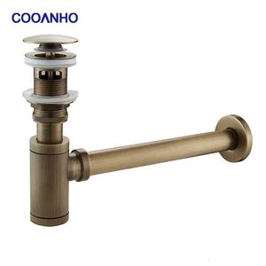 COOANHO Brass Modern Round Bottle P trap 1 1/4 Sink Drain Pipe P trap Kit Antique with Pop up Drain 240311
