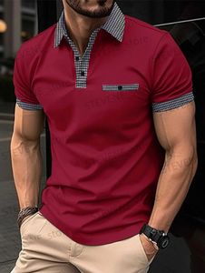 メンズTシャツ2023ファッションメンズショートSlveポロシャツの格子縞の首輪ポロTオスのカジュアルカラーTシャツ衣類T240325