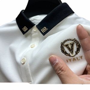 luxury Ice Silk Polo Shirts Short Sleeved Lapel T-shirts 2023 Summer Trend Hot Drilling Exquisite Embroidery Casual Men Clothing 8379#