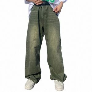 Zielone dżinsy workowane rozproszone vintage dżinsowe spodnie męskie spodnie na nogi mężczyźni mężczyźni streetwear retro ponadwymiarowy Hip Hop R2dx#