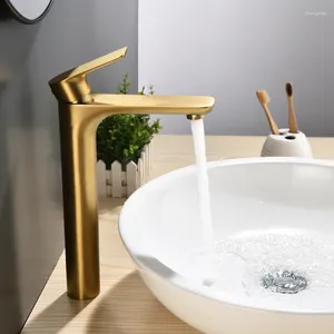 Badezimmer-Waschtischarmaturen, modisch, gebürstetes Gold, hoher Wasserhahn aus massivem Messing, hochwertiges Kalt- und Wasserbad