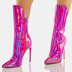 Stiefel Hologramm schillernder Spiegel Stiletto-Absätze Spitze Zehen Mittelhoher Stiefel Fluoreszierendes rosa-grünes Leder mit Reißverschluss Dünner Abendschuh