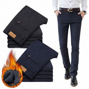 2023 Winter New Men's Warm Casual Pants Classic Style Busin Fi Thicken Slim Fit Fleece Trousers Black Blue Brand Clothes b3nX#