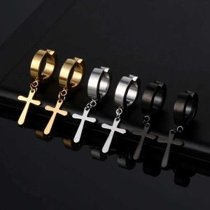 Hoop Huggie 1 pair of punk stainless steel cross star pendant earrings clip without perforations for womens hip-hop fashion without ear holes for mens jewelry 240326