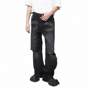 Syuhgfa koreansk stil trend mäns jean fi slitna på baggy jean byxor vintage ons hål bred ben denim byxor hösten f0ma#