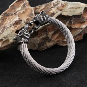 Vintage Viking Viking Double Wolf Head Twisted Cable Open Manschette Armband Armband Punk Biker Edelstahlschmuck Geschenke Großhandel 240311