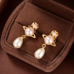 Three pearls hanging Celebrity Female Earrings Stud Western Queen Planet star aura High Quality Luxury Jewelry Women Saturn Earring Designer Jewelry Gifts ER568