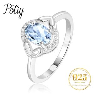 Anéis de banda Potiy Oval Céu Natural Topázio Azul 925 Anel de Prata Esterlina Moda Feminina Anel de Noivado de Pedras Preciosas J240326