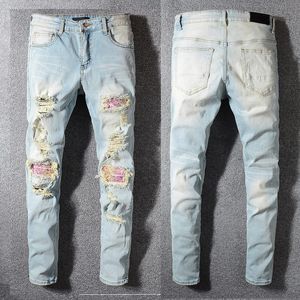 Mens Jeans Brand Luxury Daily Wear Fried Street Men Street Washed Gradient Tight Pleated Hip Hop Denim Fabric dragknapp Knapp Ljus Färg BRAKE HOLE AMERICAN Style