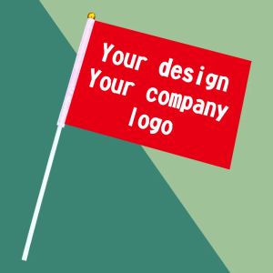 Tillbehör 50st per parti Anpassad handflagg 14x21cm Handtryck Köparens företagslogotyp eller designval med plastflaggstång