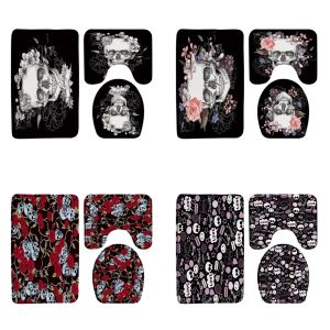 Mats Skull Floral Skeleton Bath Mat sätter 3st Rose Flowers Halloween Badrumsmatta Dörrat Non Slip Ushaped Carpet toalettstolskydd