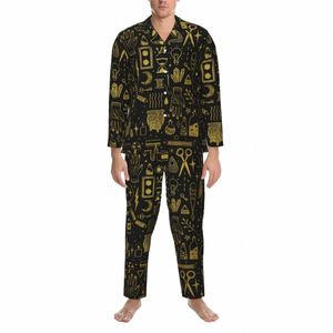 Witch Magic Pyjama sätter Spooky Halen Warm Sleepwear Men LG-Sleeve Casual Loose Home 2 Piece Nightwear Plus storlek 2xl G8MQ#