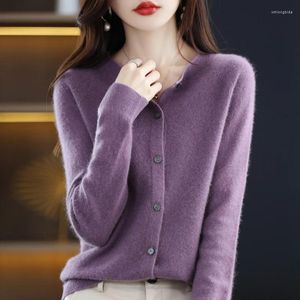 Kvinnors stickor Cashmere Wool Cardigan Blus bred långärmad stickad jacka mjuk varm o-hals elasticitet tröja kvinnlig kappa