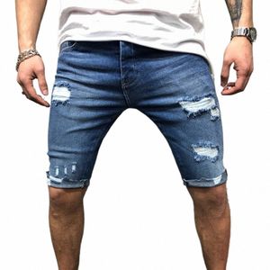 new 2019 summer hole denim shorts men's Jeans Shorts Hip-hop slim shorts Blue light blue S-3XL 45po#