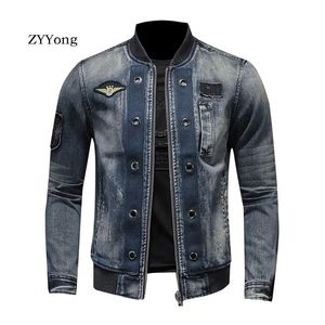 Europäischen Stil Stehkragen Patch Bomber Pilot Blau Denim Jacke Männer Jeans Mäntel Motorrad Casual Outwear Kleidung Mantel 240319