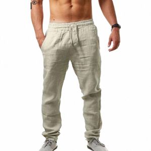 men Cott Linen Pants Full Length Breathable Trousers Casual Sweatpants Solid Color Loose Sports Pant Male Streetwear Trouser w8Q3#