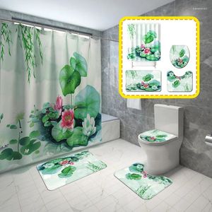 Badmattor sommar lotus blommor duschgardin sätter anti slip mattor toalett lock täckmatta badrum vattentäta gardiner alfombra bano