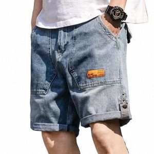 Herr sommaren smal löst passande etikett denim jogger byxor fem poäng fi blå baggy shorts jeans p2de#