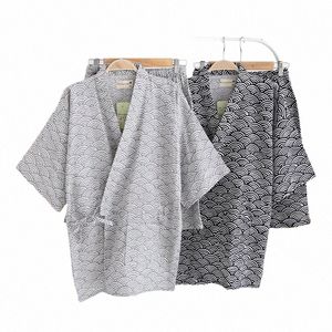män japansk stil kimo rand pajamas set sommar kort ärm yukata toppar mantel shorts byxor badrobar sömnkläder kostym hemkläder l4pn#