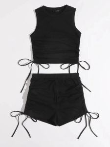 Damen-Trainingsanzüge, lässig, 2-teiliges Set, Trainingsanzug, ärmellos, Rundhalsausschnitt, D-String, Crop-Weste, Sommer, Frühling, Shorts, Drop-Lieferung, Bekleidung Otujl