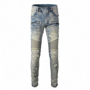 high Street Fi Men Jeans Retro Wed Elastic Slim Ripped Hole Biker Jeans Men Spliced Designer Hip Hop Brand Pants Hombre B0sD#