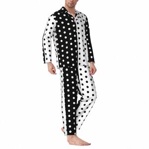Pijamas Homens Retro Dois Te Sleep Pijamas Preto e Branco Manchado 2 Peça Conjuntos de Pijama Casual Lg-Sleeve Oversize Home Suit 24SE #